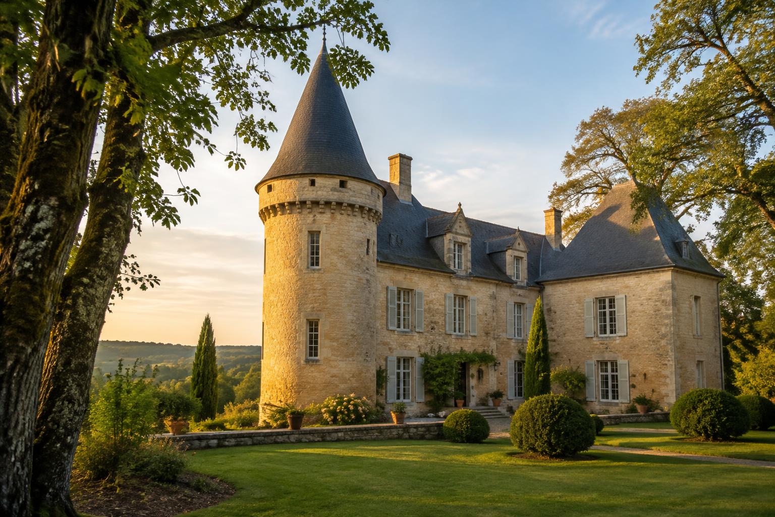 Château en pierre claire avec créneaux et tourelles sur une colline boisée