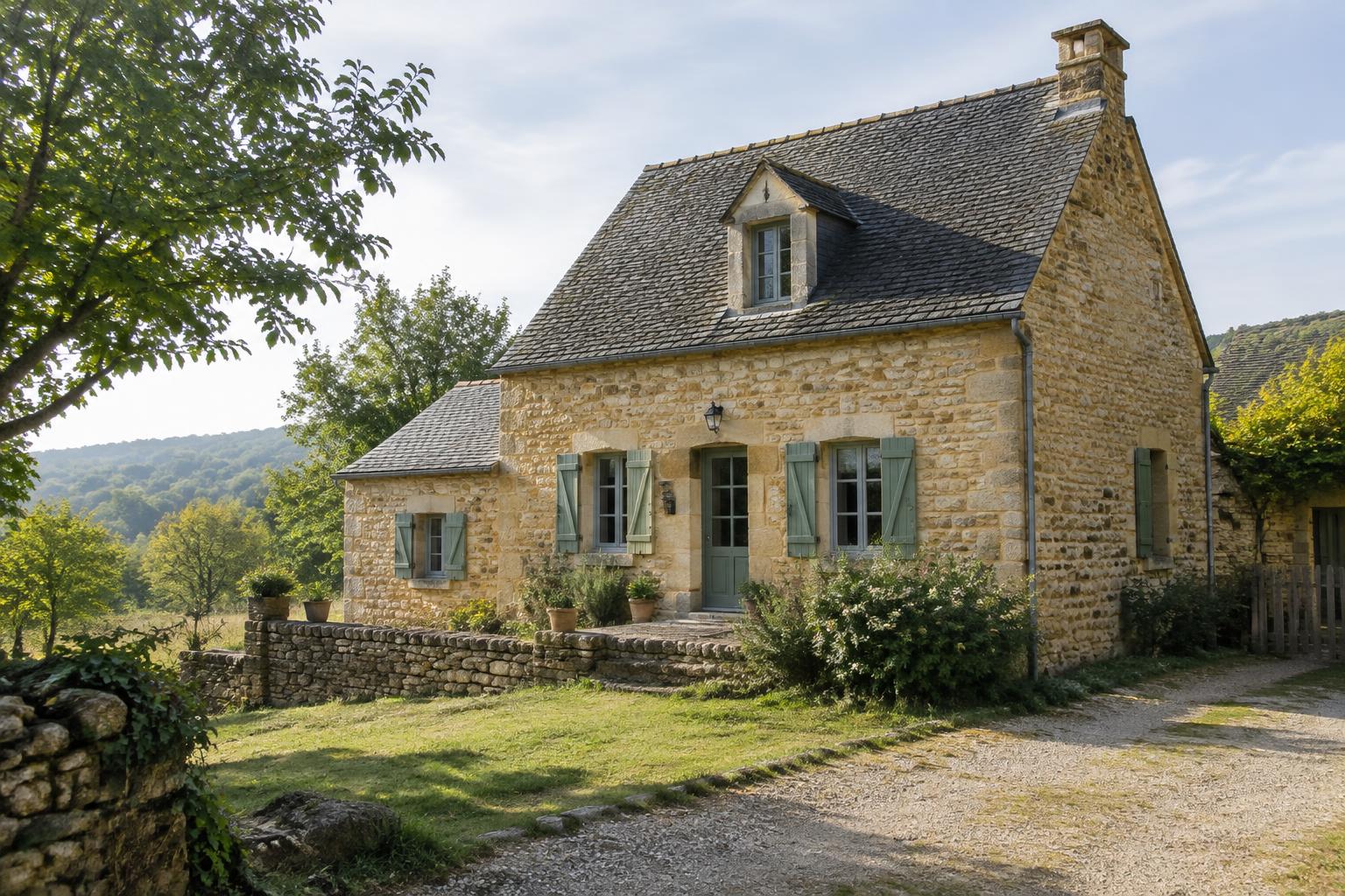 Maison en pierre entretenue, volets bleus et jardin verdoyant