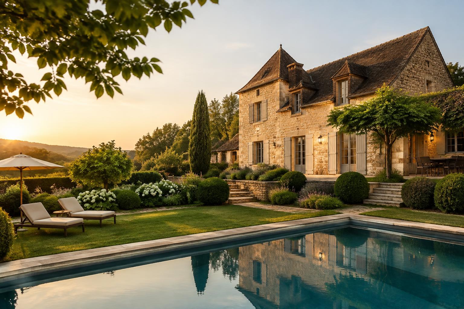 Luxe natuurstenen villa met terras, ligbedden en een ingegraven zwembad, met uitzicht over glooiende heuvels