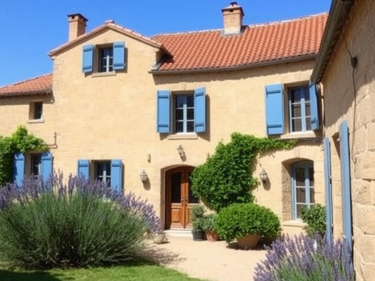 Maison en pierre bien entretenue, volets bleus et jardin devant en herbe verte