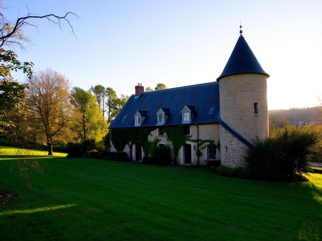 Manoir avec tour ronde et pelouse arborée