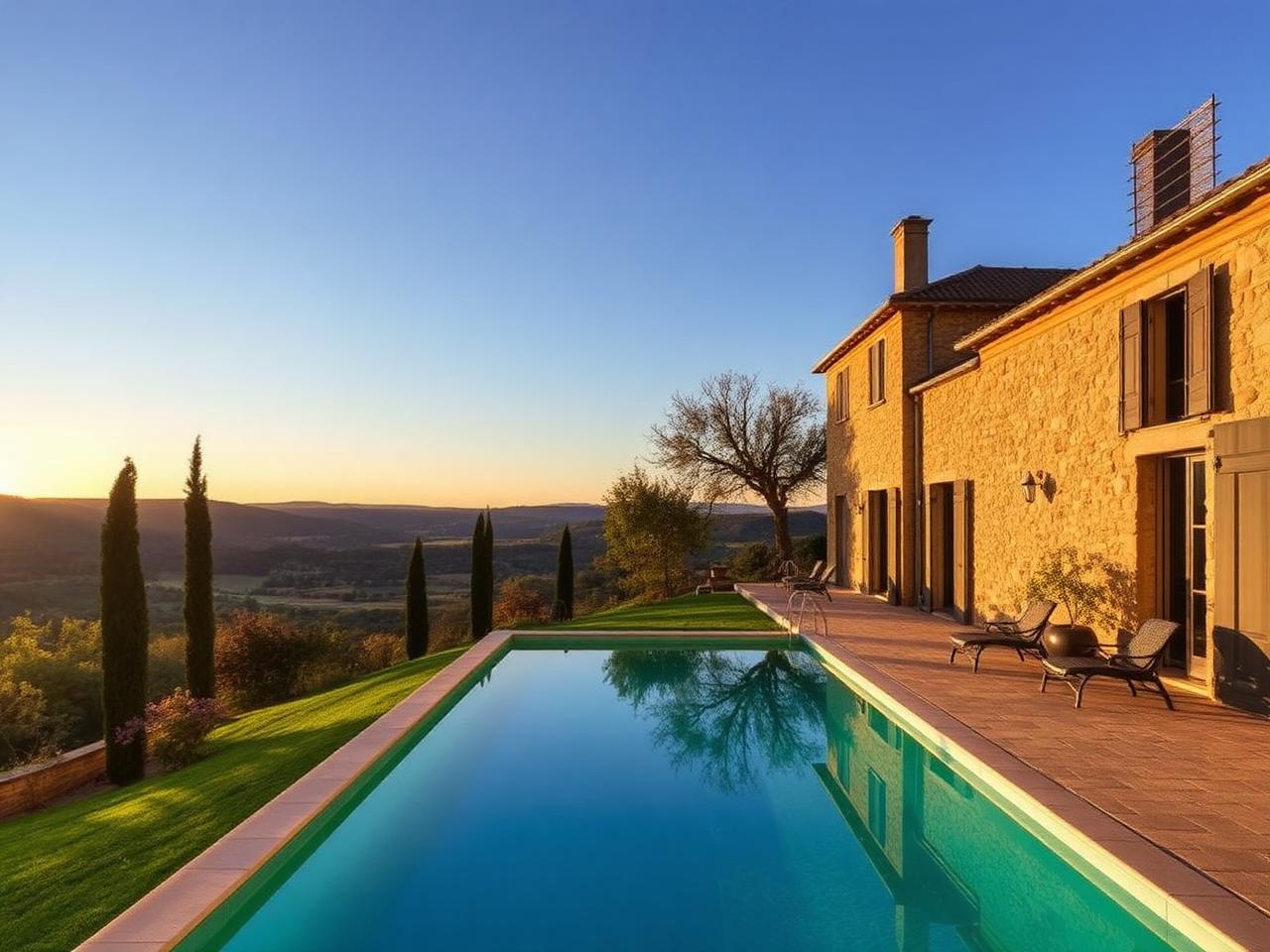 Villa en pierre ocre avec terrasse, piscine et vue sur la vallée