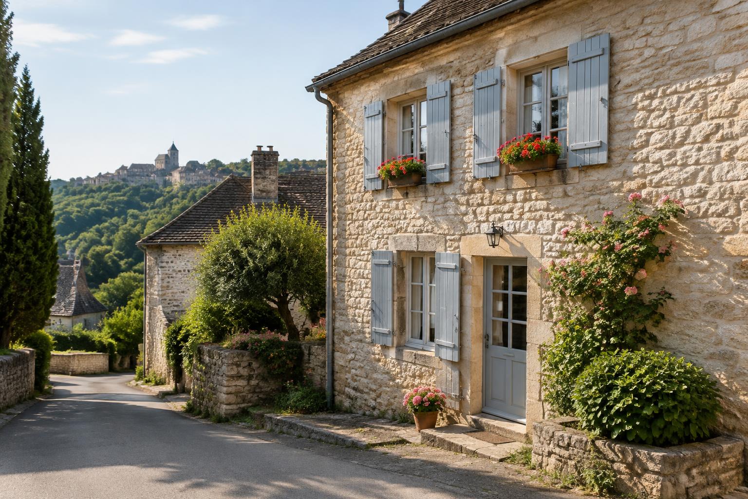 Maison en pierre aux volets bleus et jardin devant la façade